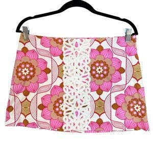 Tibi Floral Mini Skirt Pink White Crocheted Lace Panel Vibrant Preppy Y2K 90s